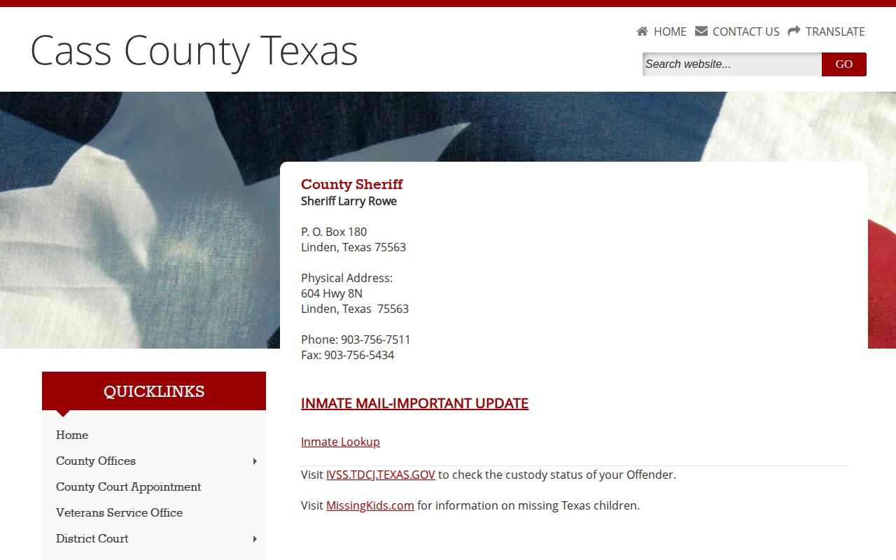 Cass County Sheriff official inmate lookup and booking record contact page