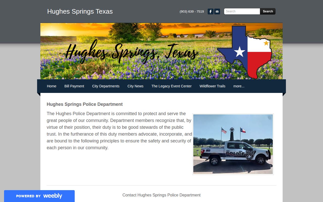 Hughes Springs Police Department contact page for arrest record routing